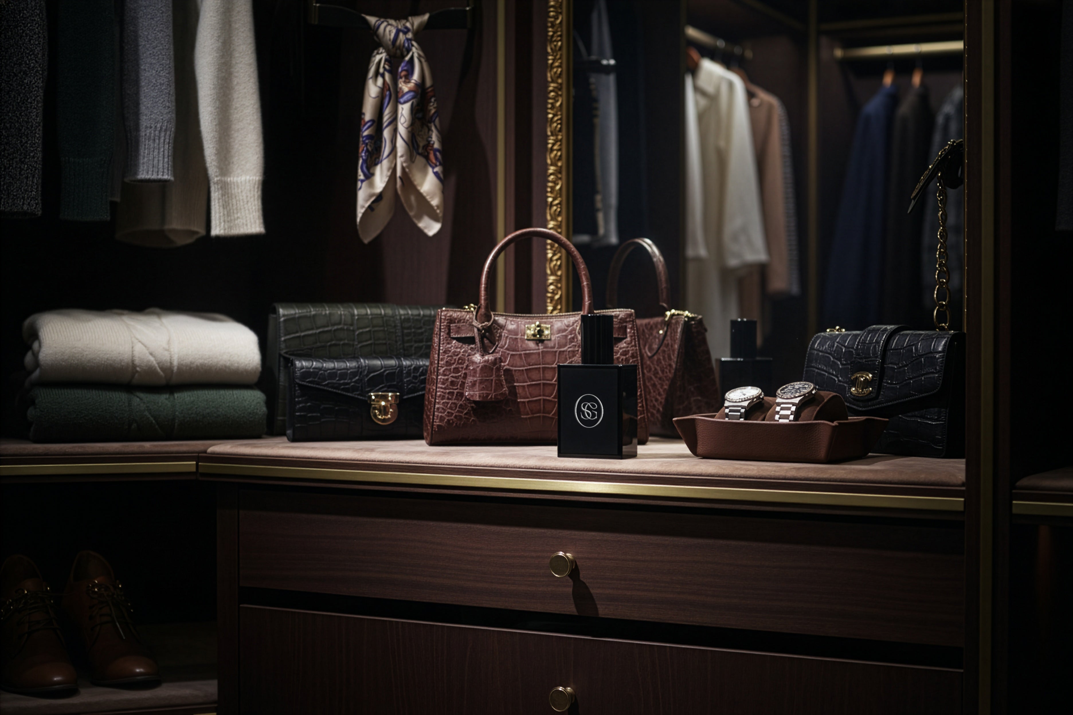 Closet with handbags, a perfume bottle, and other accessories on a dresser.